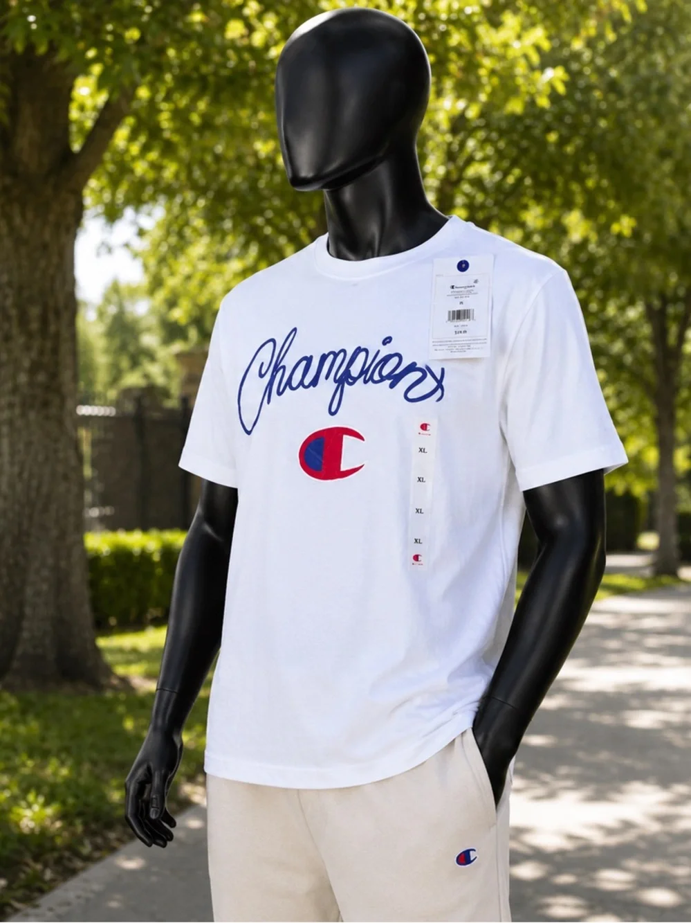Champion White Short-Sleeve Tee with Navy Script and Red-Blue Logo - Picture 1 of 3